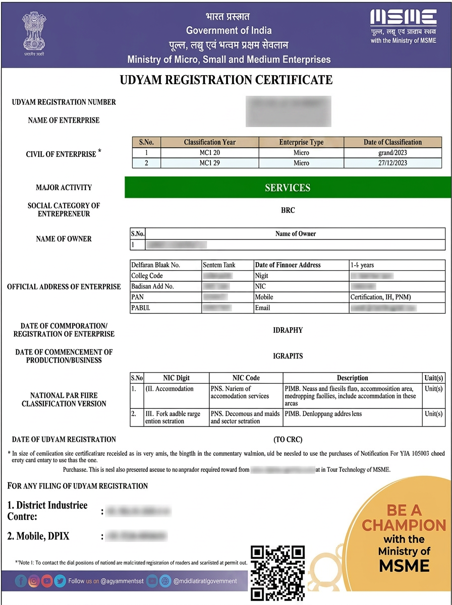 MSME Registration sample certificate
